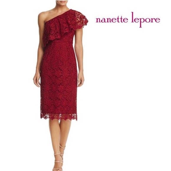 Nanette Lepore Sheath Dress Embroidered All Over Lace Cranberry Red One Shoulder - Picture 12 of 14